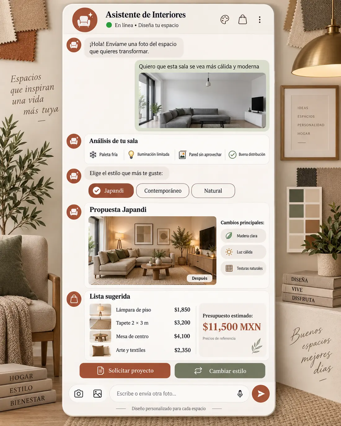 Pantalla del asistente de diseño de interiores: Sofía contestando en Interiorismo Pátina