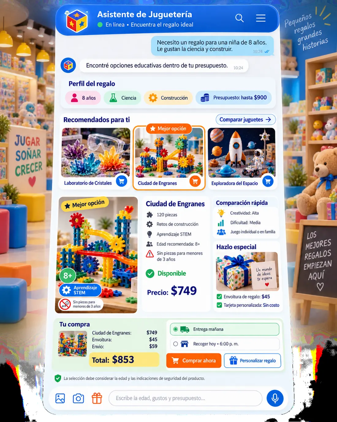 Pantalla del asistente de juguetería: Diana contestando en Juguetería Cometa Roja