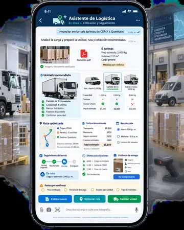 Pantalla del asistente de logística y transporte de carga