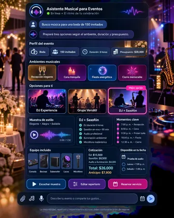 Pantalla del asistente de música y dj para eventos