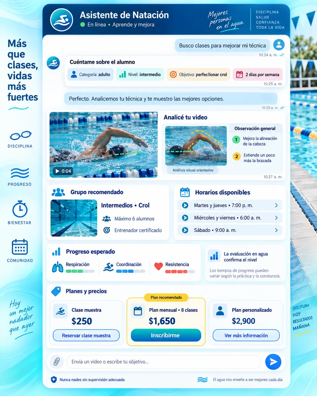Pantalla del asistente de escuela de natación: Cinthia contestando en Escuela de Natación Delfín Azul