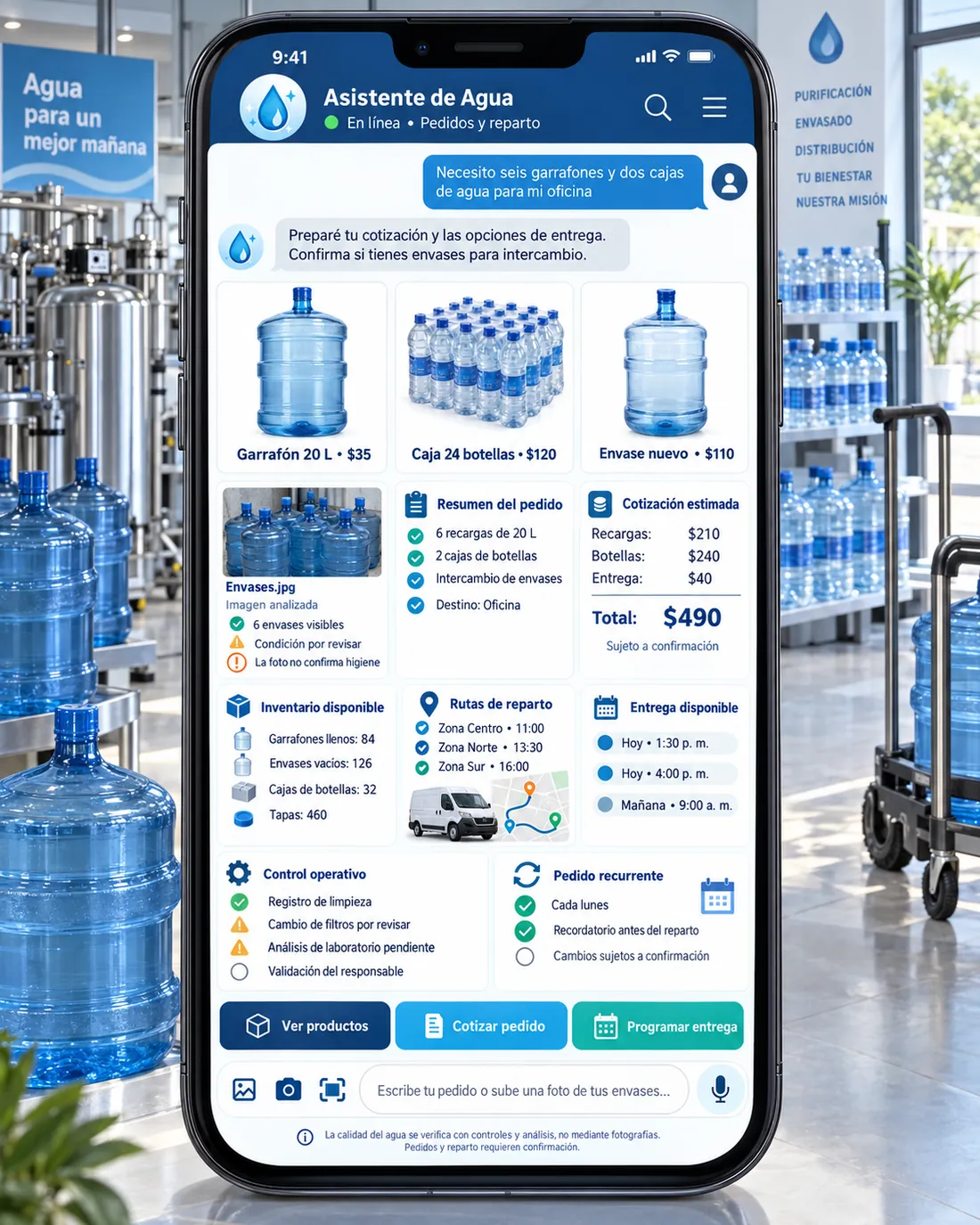 Pantalla del asistente de purificadora y reparto de agua: Male contestando en Purificadora Agua Clara del Sur