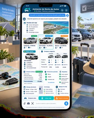 Pantalla del asistente de renta de autos