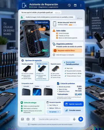 Pantalla del asistente de reparación de celulares