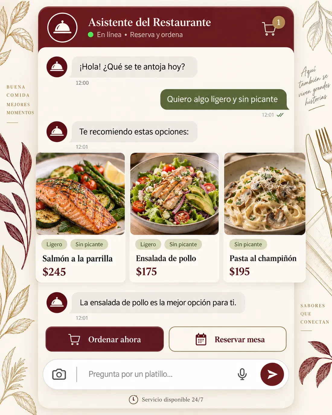 Pantalla del asistente de restaurantes