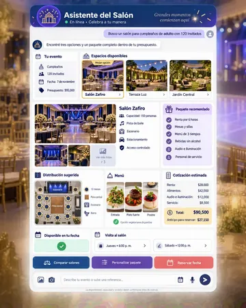 Pantalla del asistente de salones de eventos
