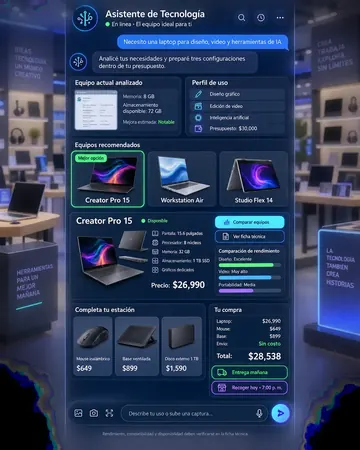 Pantalla del asistente de tiendas de tecnología