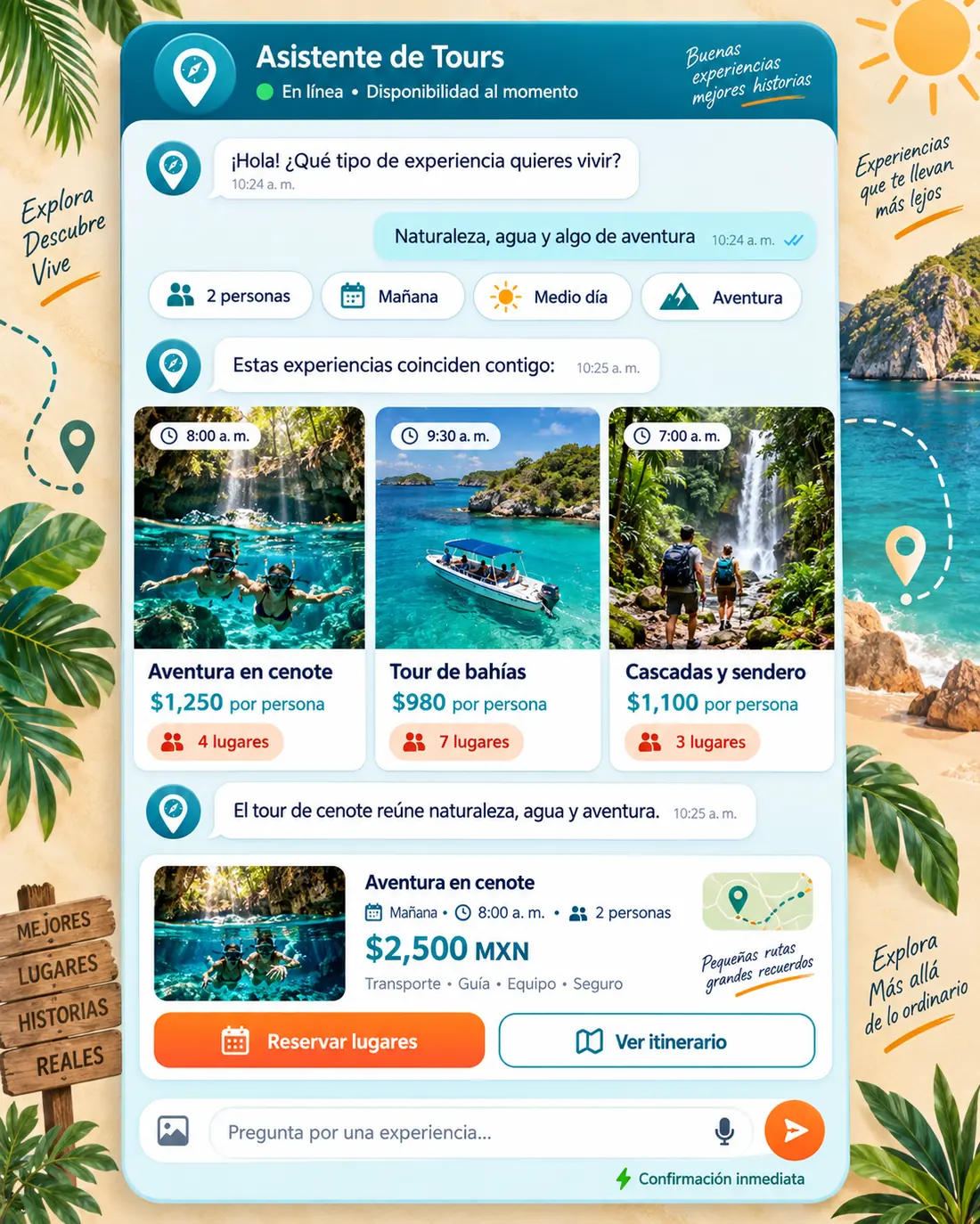 Pantalla del asistente de tours y experiencias