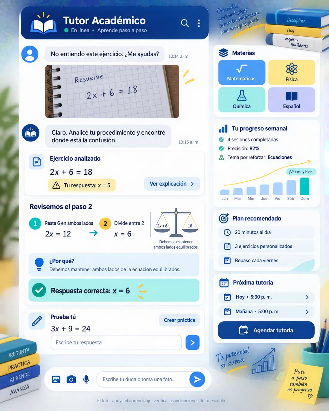 Pantalla del asistente de tutorías y regularización: Hugo contestando en Centro de Tutorías Ábaco