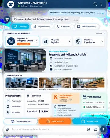 Pantalla del asistente de universidades