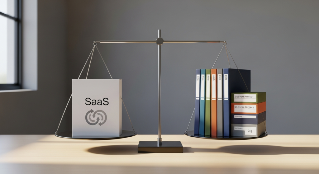 Balanza comparando modelo de negocio SaaS recurrente versus servicios de desarrollo personalizados