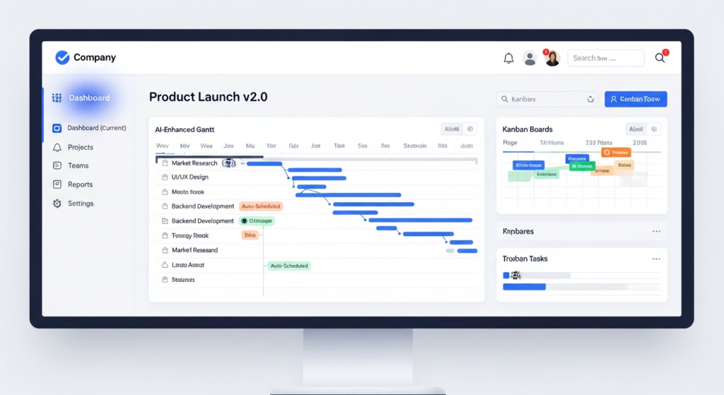 Dashboard de gestión de proyectos con Gantt y Kanban potenciados por inteligencia artificial