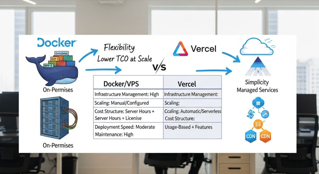 Comparativa visual entre Docker y Vercel para deploy de startups mexicanas
