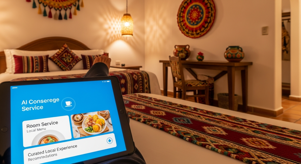 Huésped de hotel interactuando con concierge de inteligencia artificial para servicios personalizados