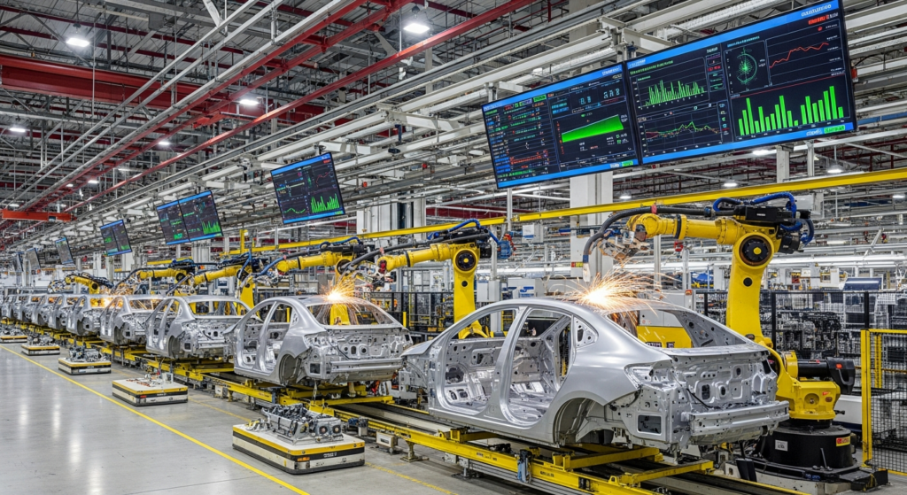 Planta automotriz en México con robots guiados por inteligencia artificial en línea de producción