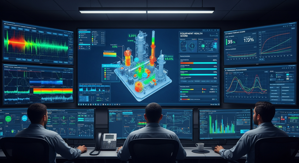 Sala de control de refinería con monitoreo predictivo basado en inteligencia artificial