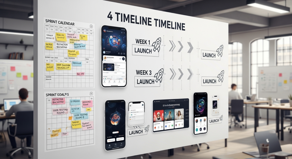 Linea de tiempo mostrando lanzamiento de un SaaS por semana con inteligencia artificial