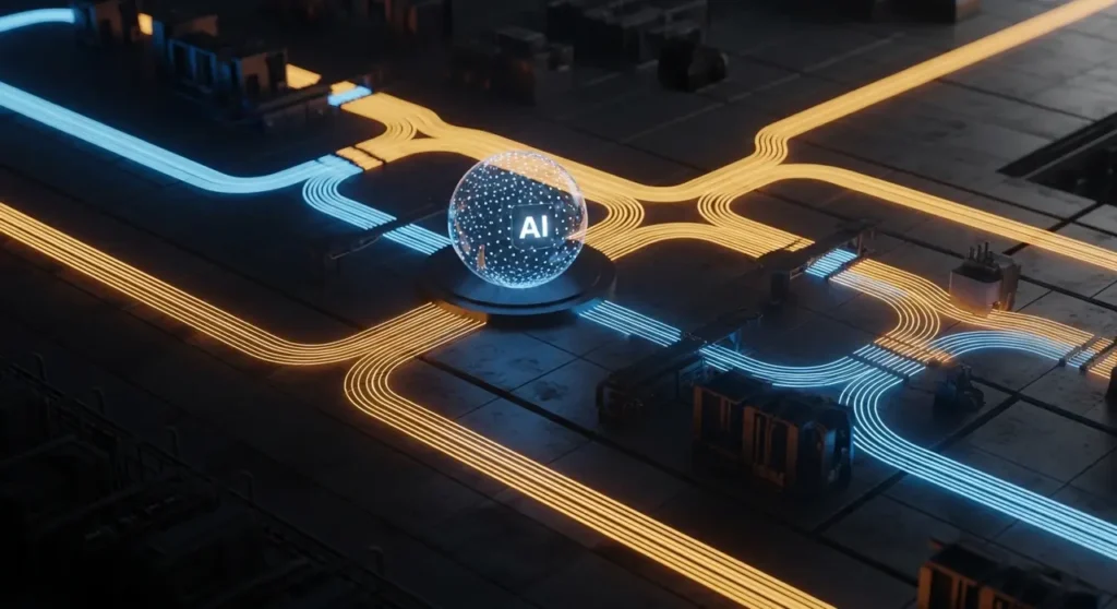 Vista superior de circuito digital con esfera de IA en el centro y flujos de energía naranja y azul cruzando en cuatro direcciones