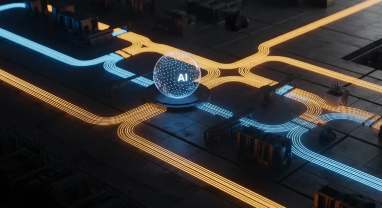 Vista superior de circuito digital con esfera de IA en el centro y flujos de energía naranja y azul cruzando en cuatro direcciones