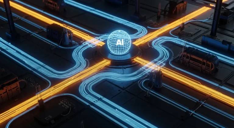 Vista superior de circuito digital con esfera de IA en el centro y flujos de energía naranja y azul cruzando en cuatro direcciones