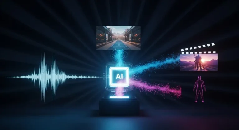 Caja de IA central generando simultáneamente onda de audio rosa, fotografía urbana y filmstrip de video con figura humana como input