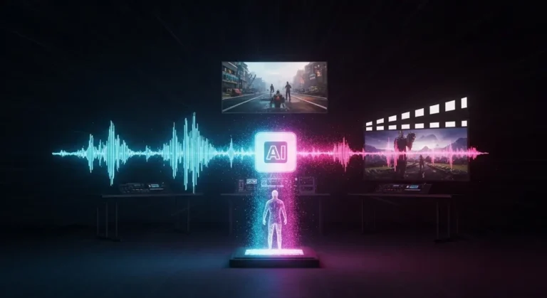 Caja de IA central generando simultáneamente onda de audio rosa, fotografía urbana y filmstrip de video con figura humana como input