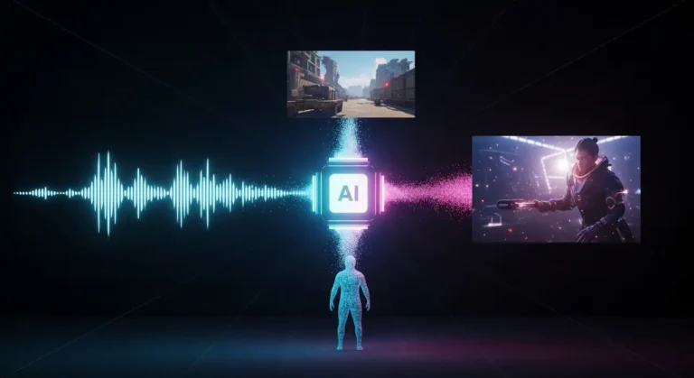 Caja de IA central generando simultáneamente onda de audio rosa, fotografía urbana y filmstrip de video con figura humana como input