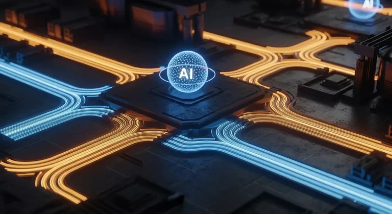 Vista superior de circuito digital con esfera de IA en el centro y flujos de energía naranja y azul cruzando en cuatro direcciones
