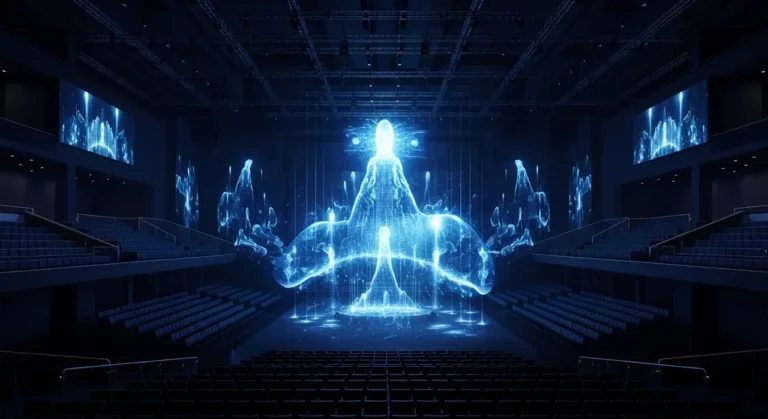 Teatro futurista vacío con espectáculo holográfico de espiral de bailarines de luz azul en el escenario central impulsado por IA