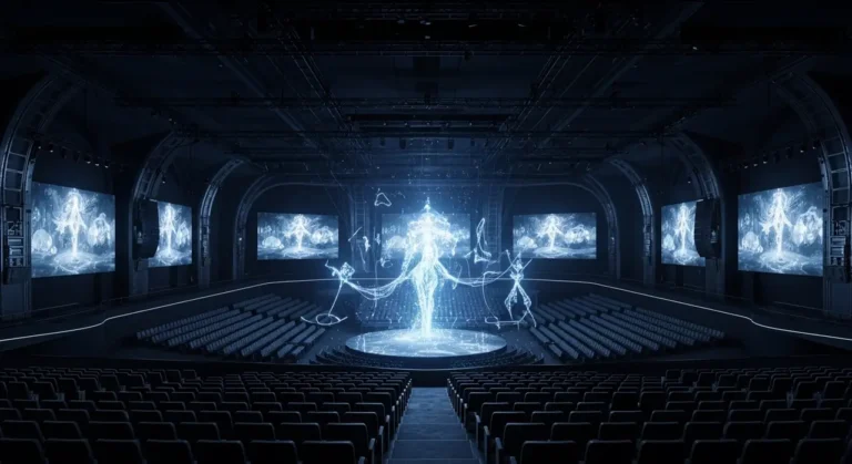 Artista silueteado en escenario oscuro con cascadas de luz azul y efectos visuales generados por inteligencia artificial