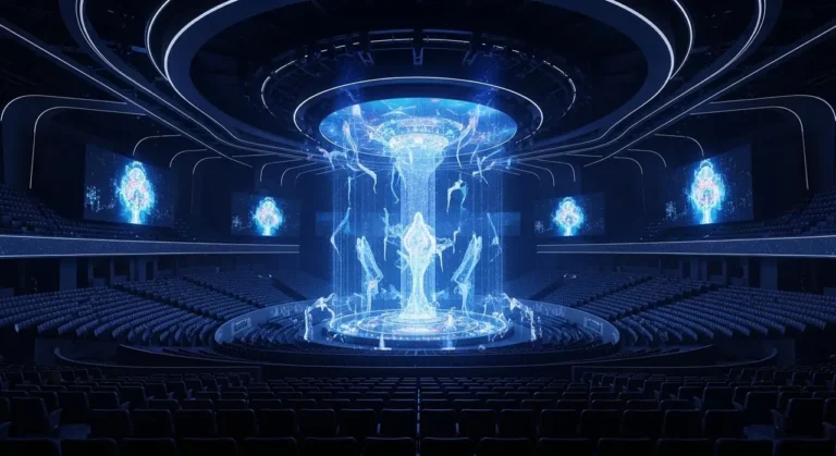 Artista silueteado en escenario oscuro con cascadas de luz azul y efectos visuales generados por inteligencia artificial