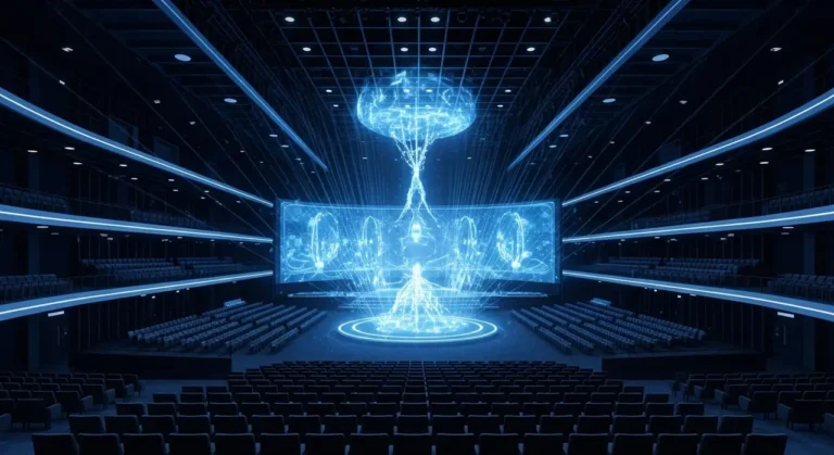 Espectador solitario en teatro esférico viendo experiencia inmersiva holográfica con música y figuras de IA