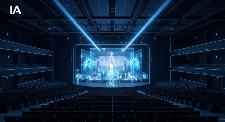Artista silueteado en escenario oscuro con cascadas de luz azul y efectos visuales generados por inteligencia artificial