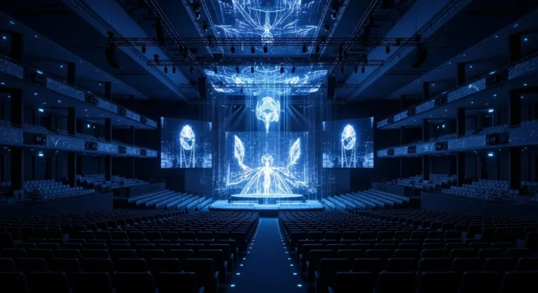 Espectador solitario en teatro esférico viendo experiencia inmersiva holográfica con música y figuras de IA