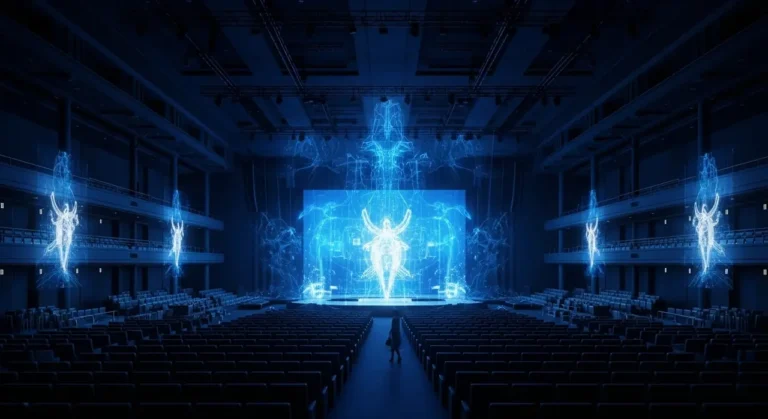 Teatro futurista vacío con espectáculo holográfico de espiral de bailarines de luz azul en el escenario central impulsado por IA