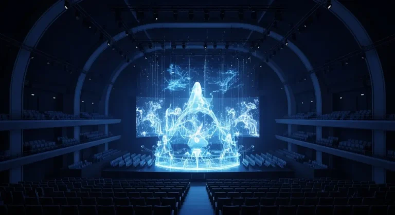 Artista silueteado en escenario oscuro con cascadas de luz azul y efectos visuales generados por inteligencia artificial