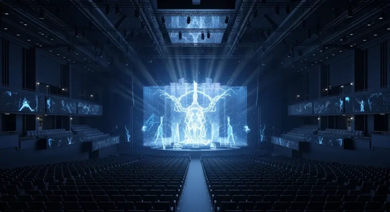 Teatro futurista vacío con espectáculo holográfico de espiral de bailarines de luz azul en el escenario central impulsado por IA