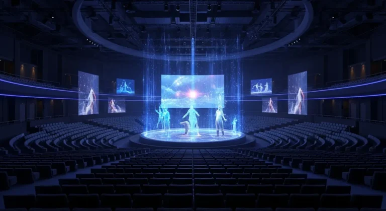 Artista silueteado en escenario oscuro con cascadas de luz azul y efectos visuales generados por inteligencia artificial