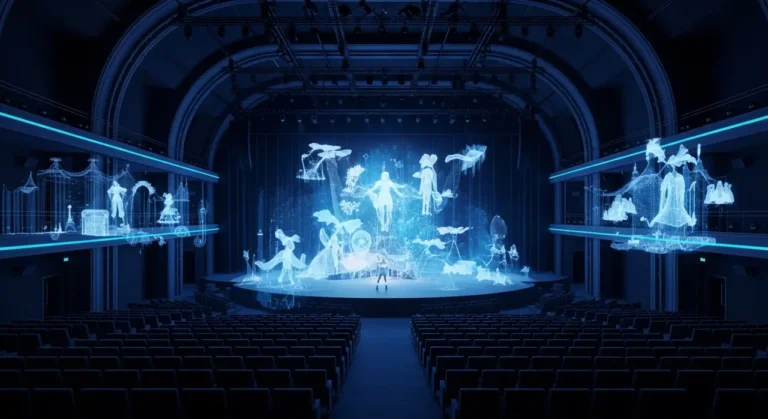 Espectador solitario en teatro esférico viendo experiencia inmersiva holográfica con música y figuras de IA