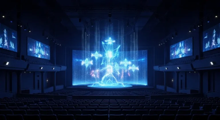 Espectador solitario en teatro esférico viendo experiencia inmersiva holográfica con música y figuras de IA