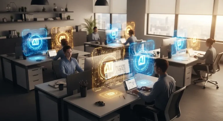 Transformación digital en empresa: equipo profesional con asistentes de IA holográficos en espacio de trabajo moderno