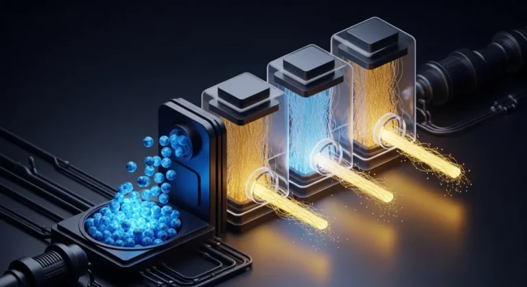 Pipeline de procesamiento de datos con IA: esferas azules de datos crudos transformándose en rayos de luz dorada a través de módulos inteligentes