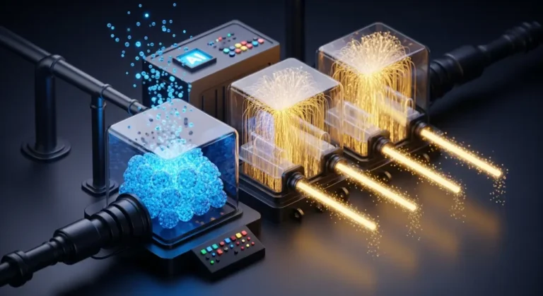 Pipeline de procesamiento de datos con IA: esferas azules de datos crudos transformándose en rayos de luz dorada a través de módulos inteligentes