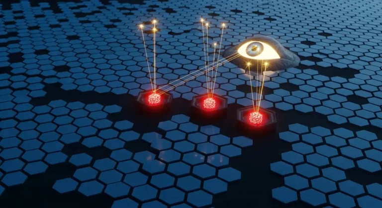 Fortaleza digital protegida por anillos de energía azul con nodos de seguridad dorados contra ciberataques