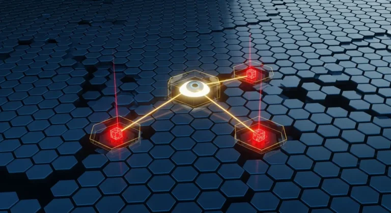 Centro de operaciones de ciberseguridad con globo holográfico mostrando ataques en tiempo real detectados por IA