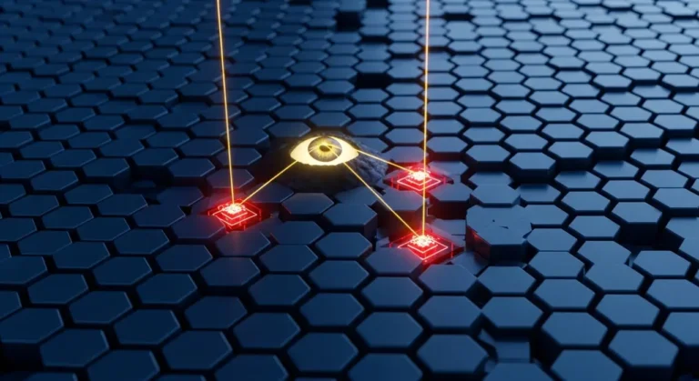 Sistema de detección de amenazas con IA mostrando ojo vigilante sobre superficie hexagonal con alertas rojas en ciberseguridad