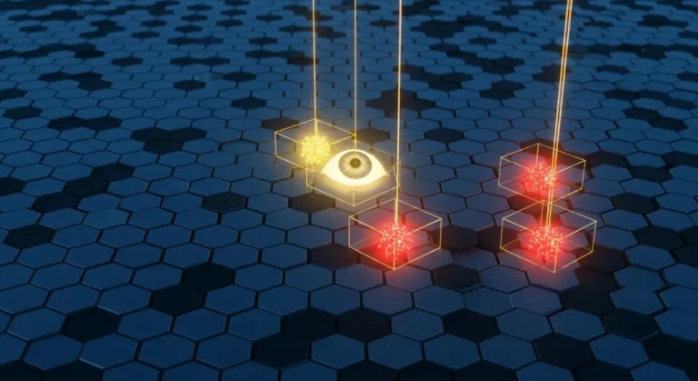 Sistema de detección de amenazas con IA mostrando ojo vigilante sobre superficie hexagonal con alertas rojas en ciberseguridad