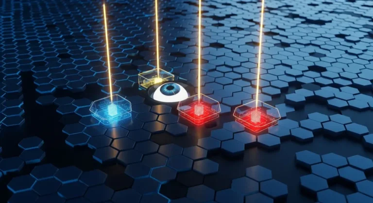 Fortaleza digital protegida por anillos de energía azul con nodos de seguridad dorados contra ciberataques