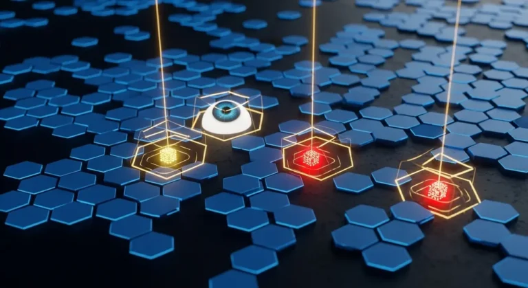 Sistema de detección de amenazas con IA mostrando ojo vigilante sobre superficie hexagonal con alertas rojas en ciberseguridad