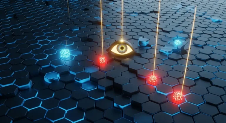 Fortaleza digital protegida por anillos de energía azul con nodos de seguridad dorados contra ciberataques